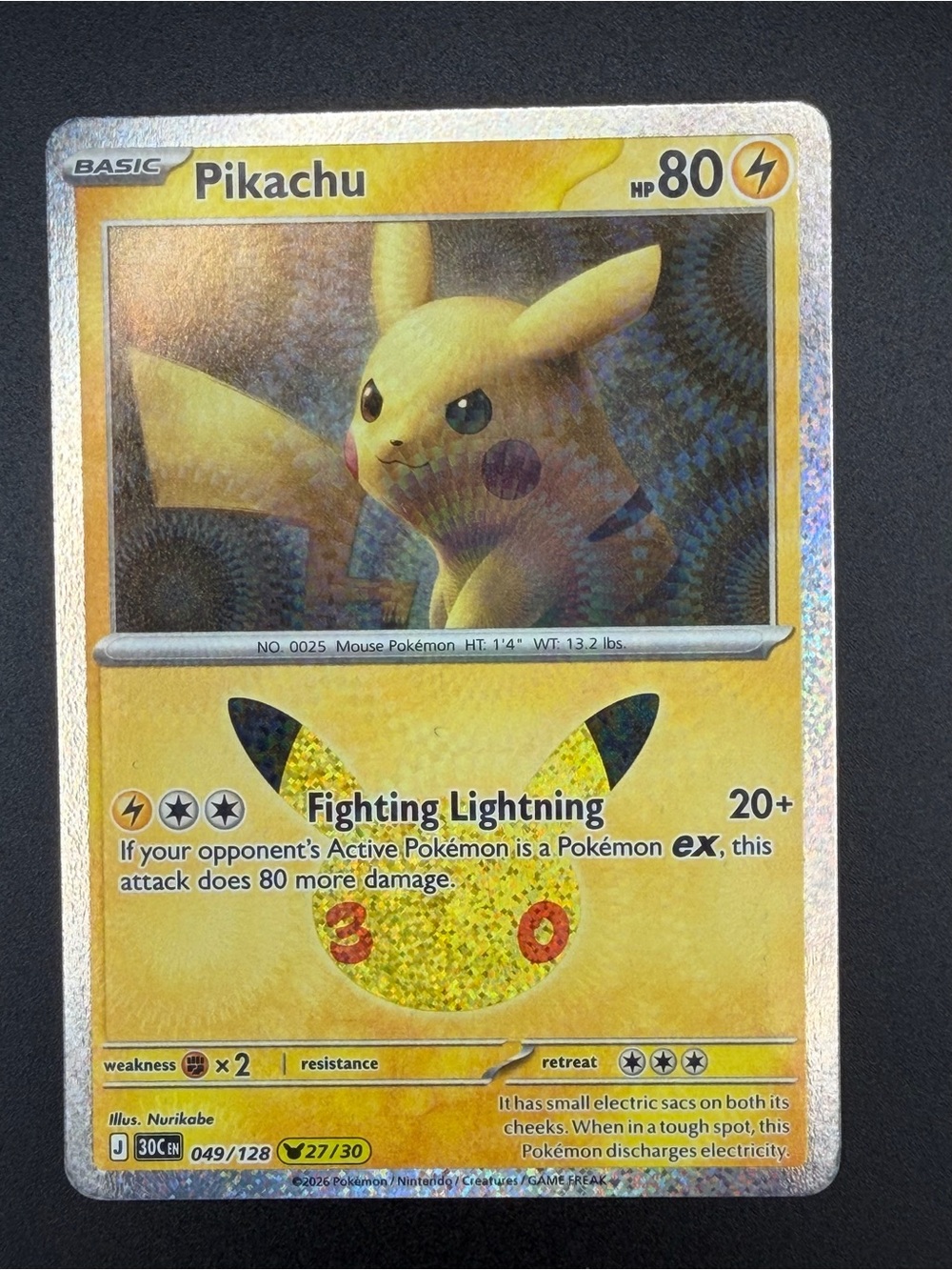 Pokemon TCG Pikachu Holo 049/128 30th Celebration